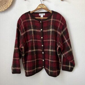 y2k Dressbarn mohair blend maroon tan plaid cardigan‎ 18/20 preppy old money